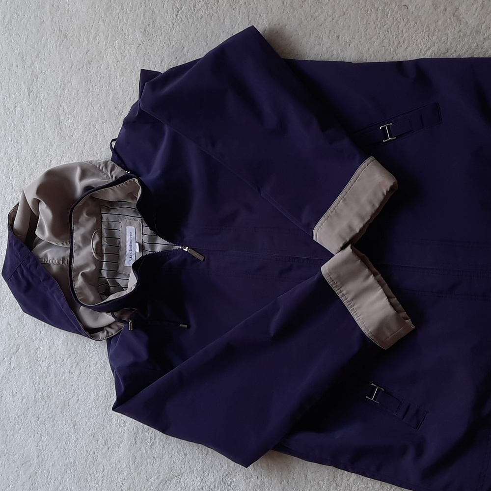 Womens Jacket By Liz Claiborne : Purple Jacket with Tan & Blue Stripe Lining